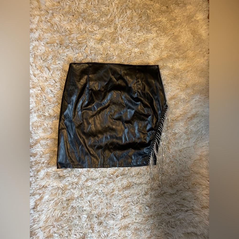 Windsor, size large, black leather mini skirt with jeweled cut out side